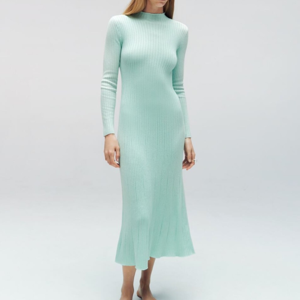 ZARA Long Knit Ribbed Mock Neck Mint Sea foam Green Midi Dress Medium